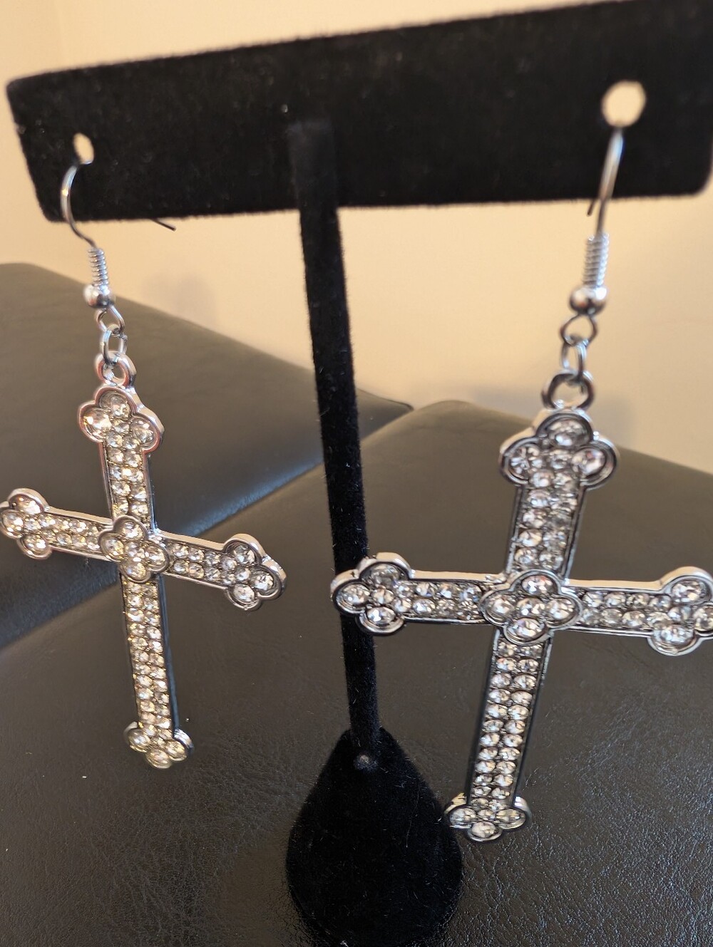 Jennifer Rhinestone Cross Dangle Earrings - Silver Tone